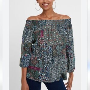 Desigual Blouse Womens Size XS Multi-colored Off The Shoulder 3/4 Sleeve Flowy